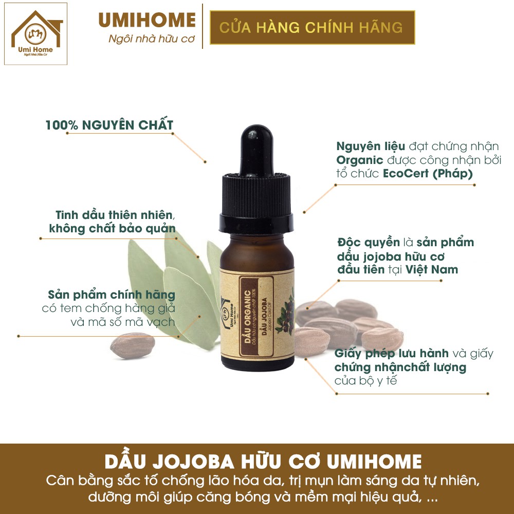 Dầu Jojoba hữu cơ UMIHOME nguyên chất | Jojoba oil 100% Organic 10ML