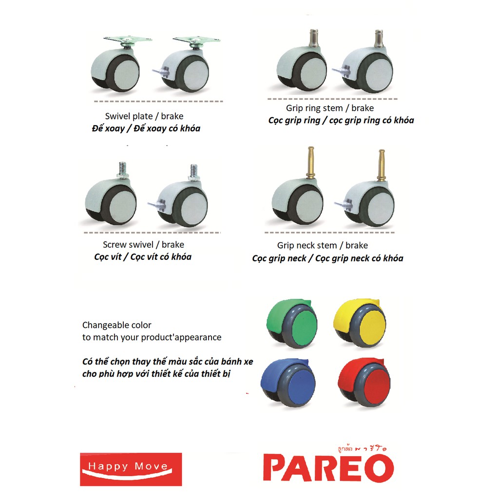 Bánh xe Bàn/ghế xoay văn phòng cao cấp 50mm - Cọc Grip Ring có khóa Happy Move Thái Lan (Bộ 5 bánh-màu xám) | BigBuy360 - bigbuy360.vn