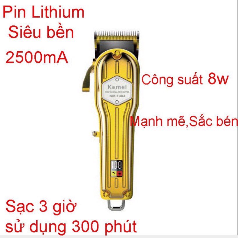 Tông đơ cắt tóc vỏ thép nguyên khối,màn hình hiển thị LCD kemei 1984 vàng sang trọng tinh tế