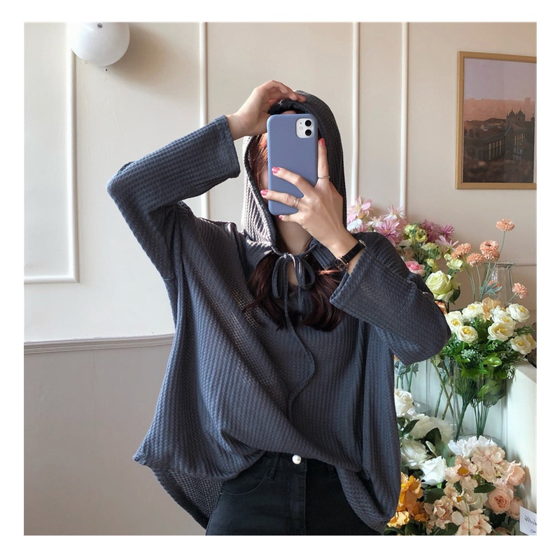 SUXI Áo hoodie tay dài màu sắc đơn giản phong cách Hàn Quốc cho nữ