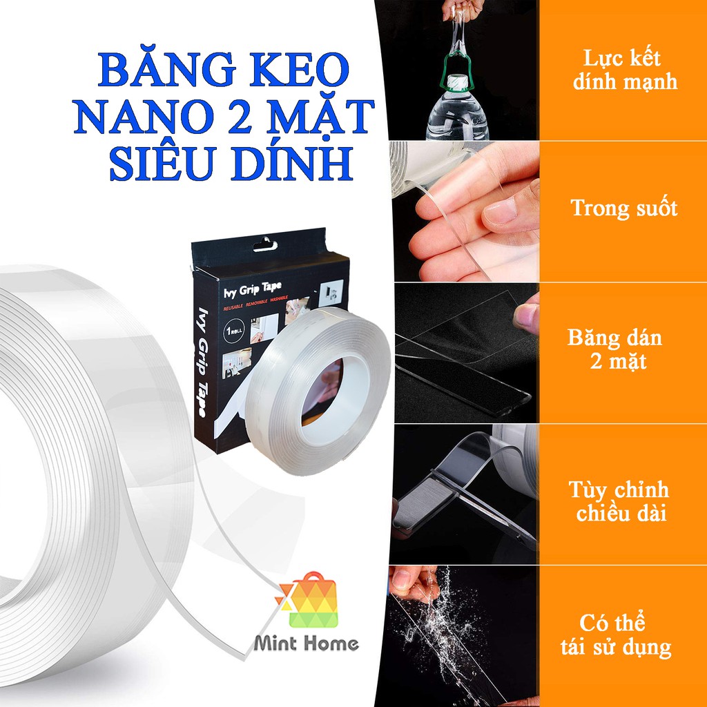 Băng keo hai mặt siêu dính, băng dính 2 mặt trong suốt nano dán móc giá kệ nhà tắm phòng khách bếp