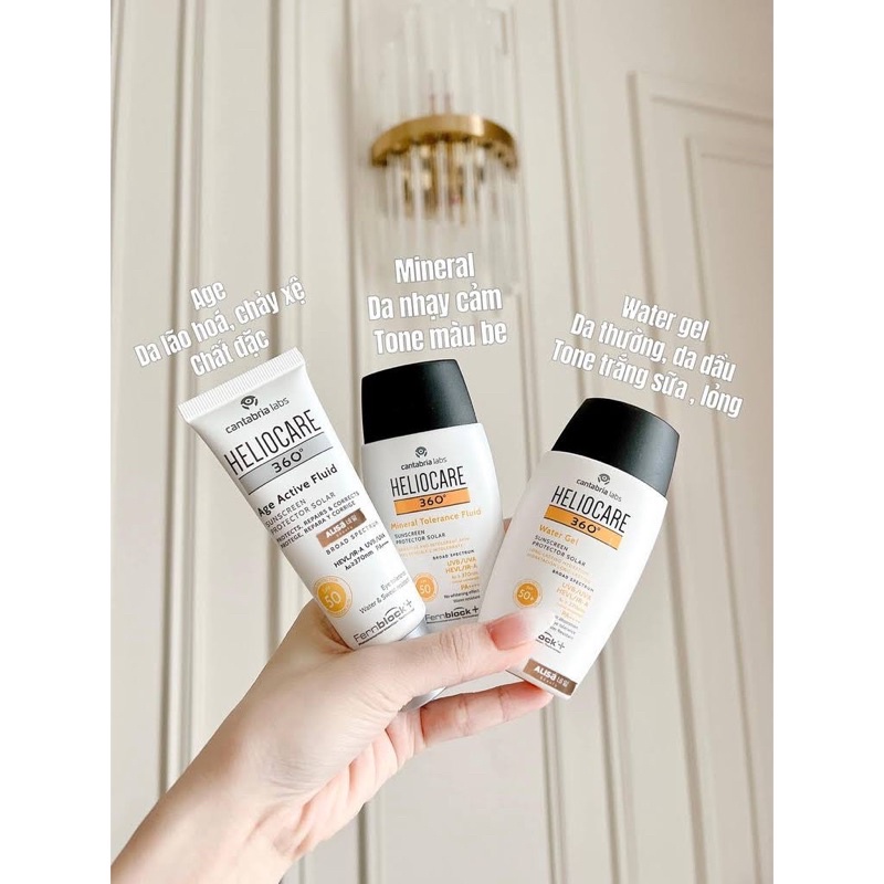 Kem chống năng Heliocare 360ºMineral Tolerance Fluid và Water gel