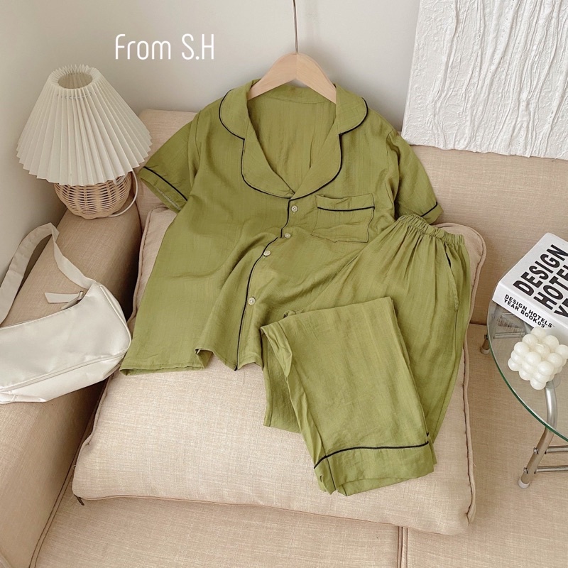 Sét bộ ngủ pyjama chất đũi xươc  trơn cổ vest