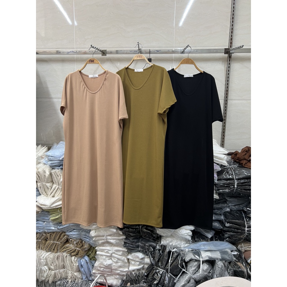 Váy thun mềm tay ngắn dáng dài cổ chữ V, đầm màu trơn form rộng 3 màu trơn hot trend - Trabinhshop