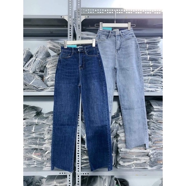 Quần jeans trơn ống đứng hoạ tiết gấu cạp cao siêu gọn giá rẻ