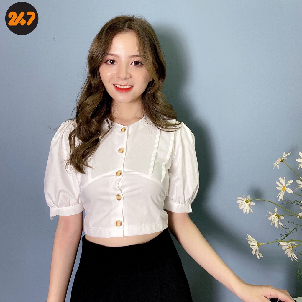 Áo Croptop Cúc Nâu Buộc Nơ | BigBuy360 - bigbuy360.vn