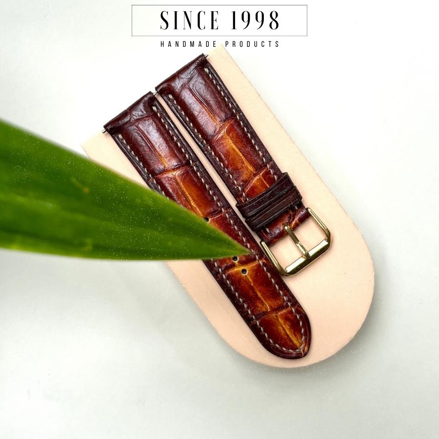 Dây Đồng Hồ Da Cá Sấu Nam 20mm 22mm, Da Thật, Handmade, Chống Nước, Chính Hãng, Màu Patina, Bảo Hành 12 Tháng