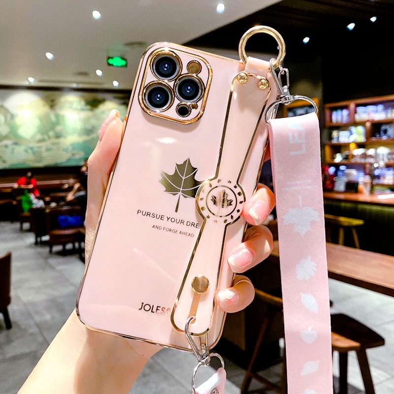 Ốp Điện Thoại Tpu Họa Tiết Lá Phong Sang Trọng Kèm Vòng Tay & Dây Đeo Cho IPhone 14 Pro X XS XR Max 8 7 6 6s Plus Se 3 2 2022 2020