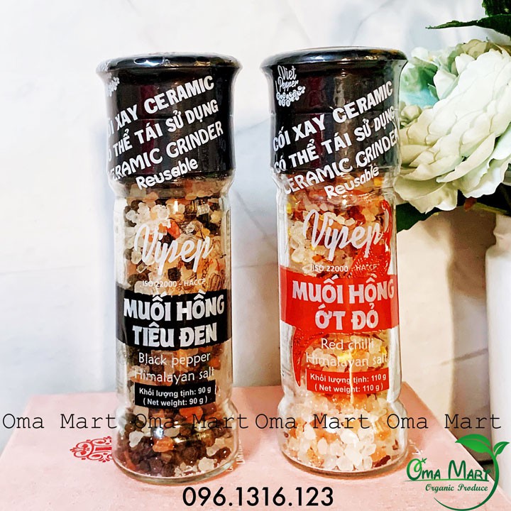 Muối hồng himalaya (tiêu đen, ớt đỏ) dạng cối xay Vipep