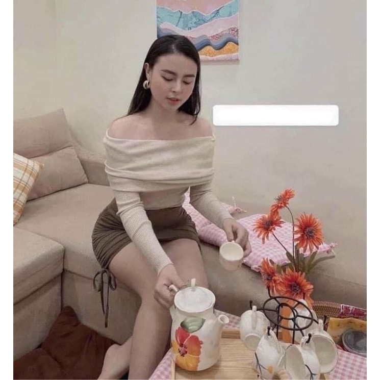 A01-Áo thun tăm bệt vai dài tay nữ Sammivnxk❤️Áo thun tăm trễ vai dáng ôm❤️ free ship