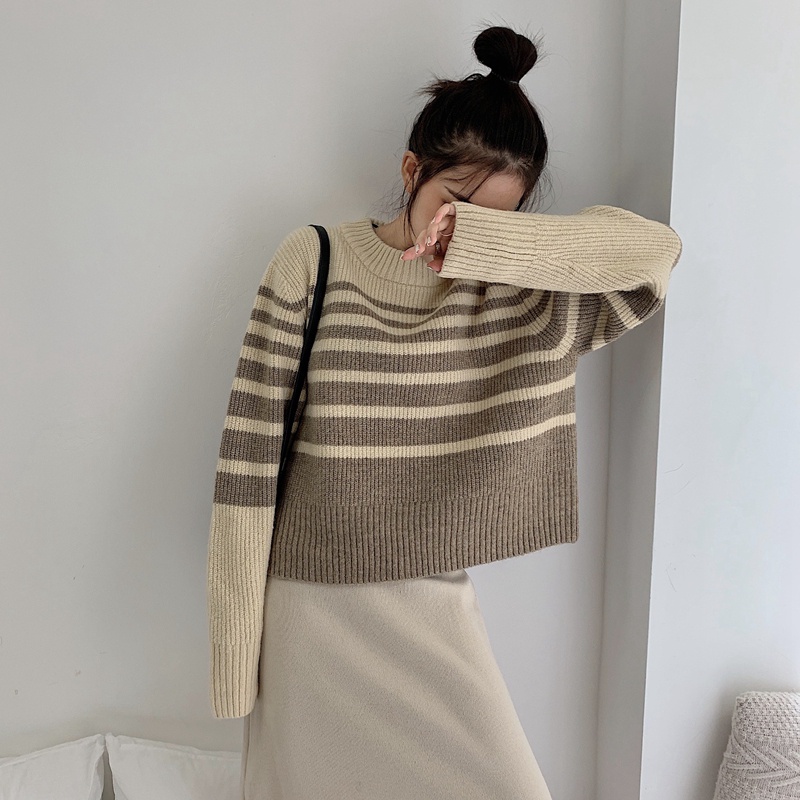 Áo sweater tay dài dáng rộng kẻ sọc phong cách Hàn Quốc trẻ trung