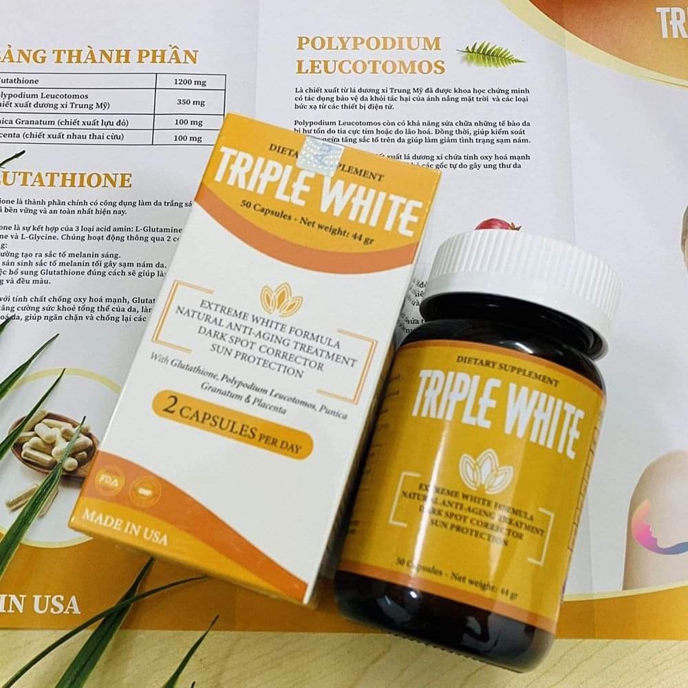 Viên Uống Trắng Da Triple White USA Glutathione 1200mg,Triết xuất Lá Cây Dương Xỉ 350mg,Lựu Đỏ 100mg,Nhau Thai Cừu 100mg