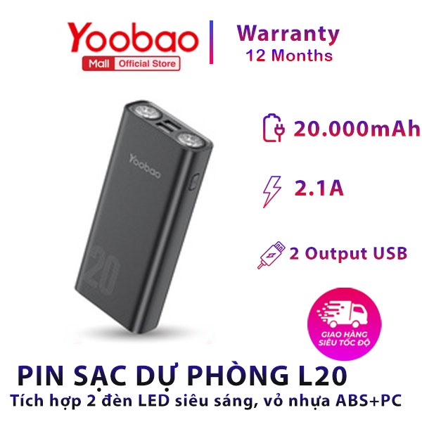 [CHÍNH HÃNG - BẢO HÀNH 12 THÁNG] Pin sạc dự phòng sạc nhanh Yoobao L20Q 20000mAh tích hợp 2 đèn LED siêu sáng