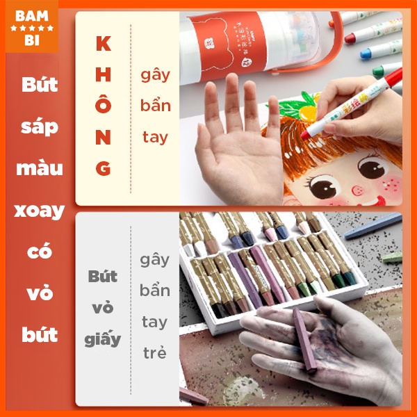 Bút màu sáp xoay/vặn kiêm màu nước Bambi cho bé - Hàng chất lượng 12/24/36/48 màu - 1 hộp