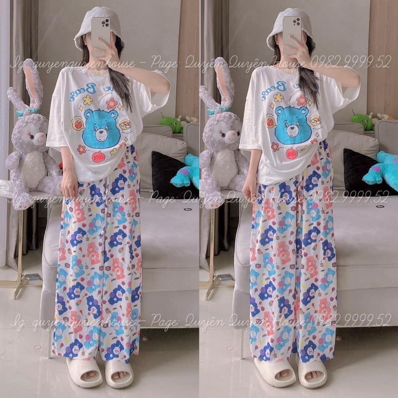 Set áo cotton quần suông gân gấu xanh xinh xắn O1