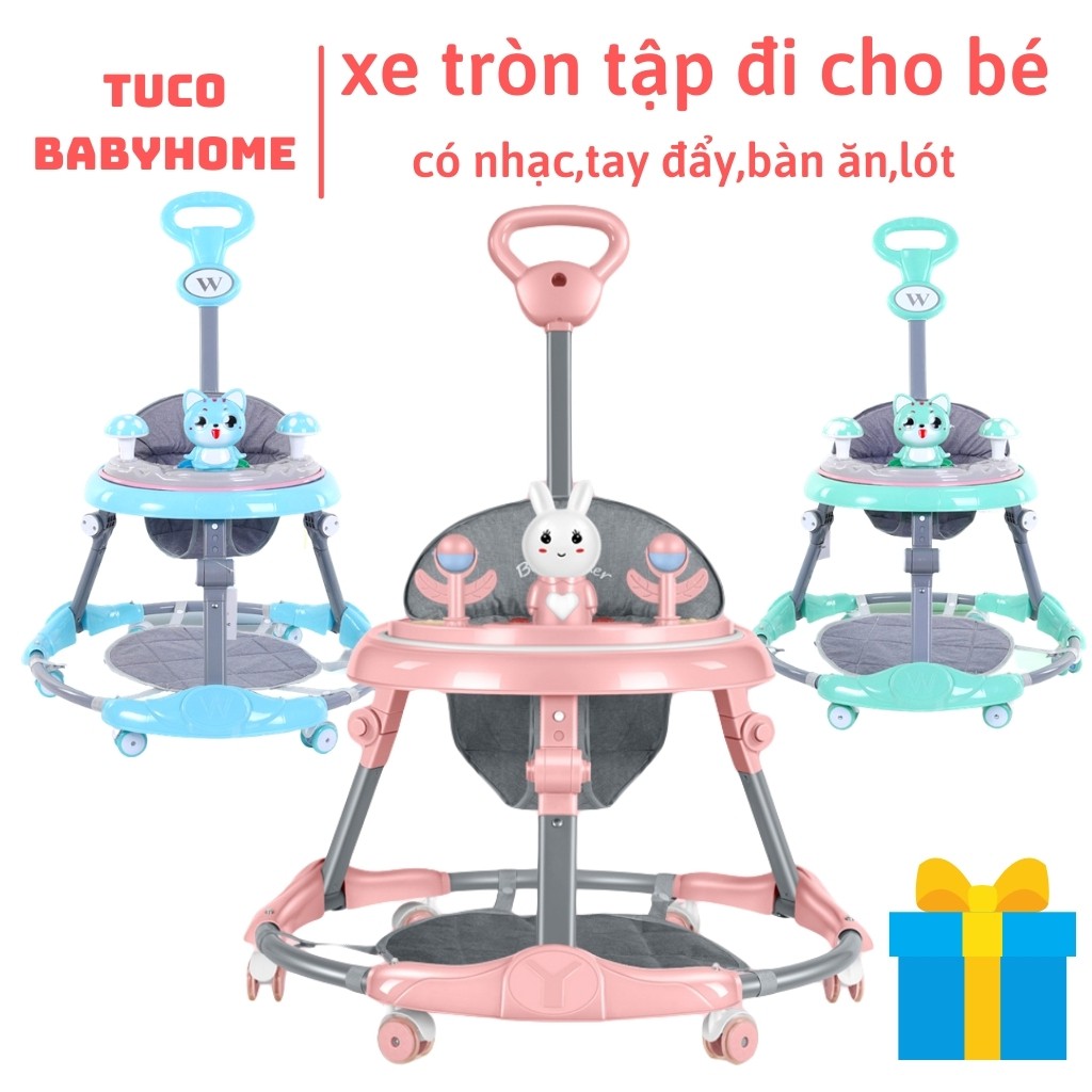 Xe tròn tập đi cho bé  baby walk - xe dụng cụ tập đi có cán đẩy điều chỉnh cao thấp có nhạc,đèn