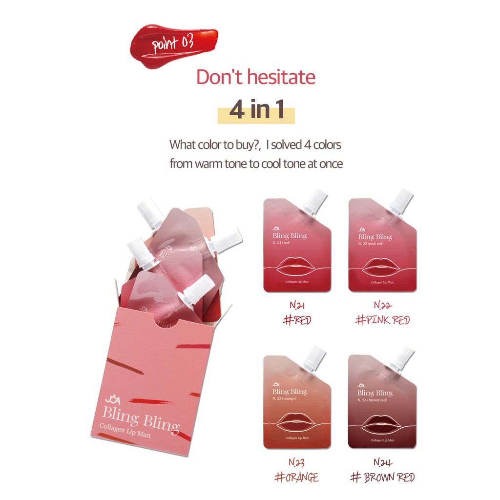 Son kem lì Joa Bling Bling chứa collagen dạng túi nhỏ (4 màu có bán lẻ) | BigBuy360 - bigbuy360.vn