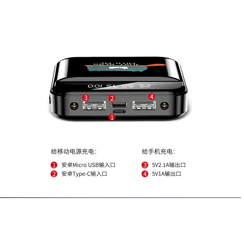Sạc dự phòng 20000mAh mặt kính PIN dự phòng không dây Mini 2 đèn pin 2 cổng type-C/micro