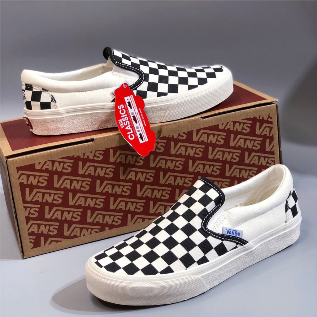 Giày thể thao nam nữ vans vault lười ship on caro đen trắng thời trang