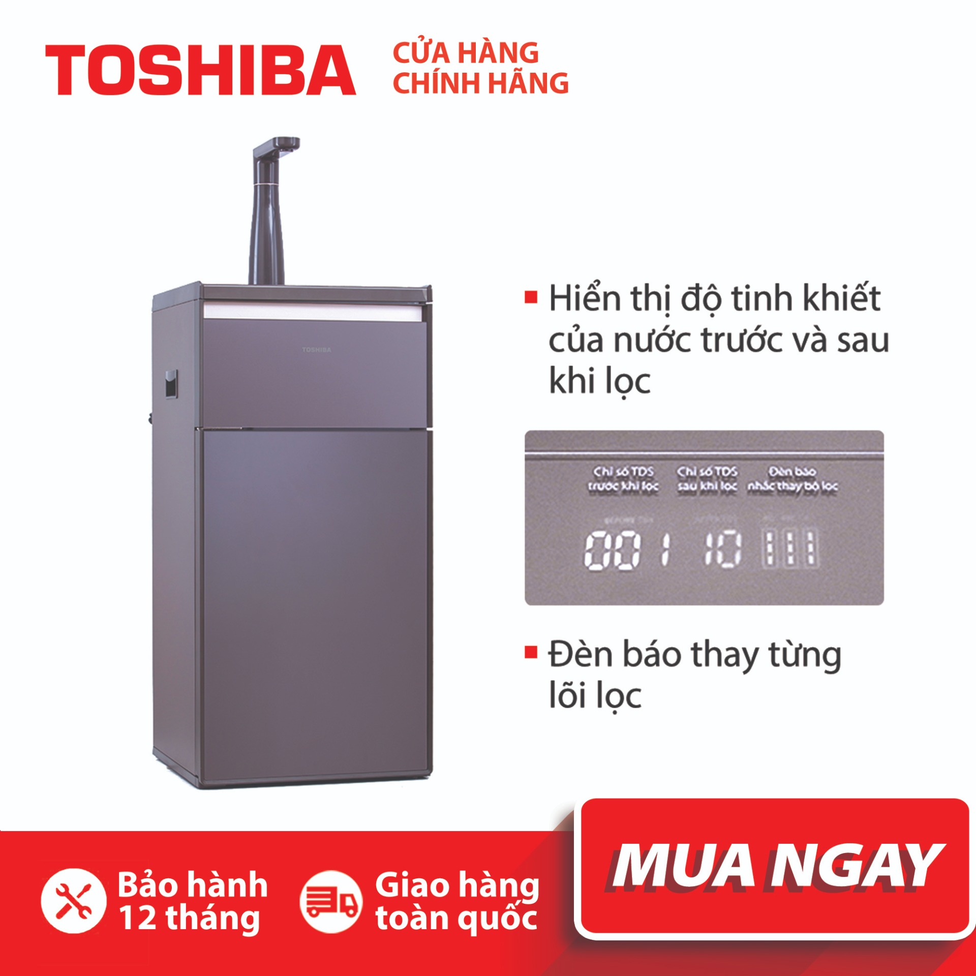 MÁY LỌC NƯỚC RO TOSHIBA TWP-N1843SV(T) - 3 lõi - Hiển thị chất lượng nước trước và sau khi lọc - Hàng chính hãng