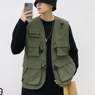 Áo khoác sát nách màu trơn nhiều túi phong cách Hàn Quốc hip hop thời trang dành cho nam size M-5XL