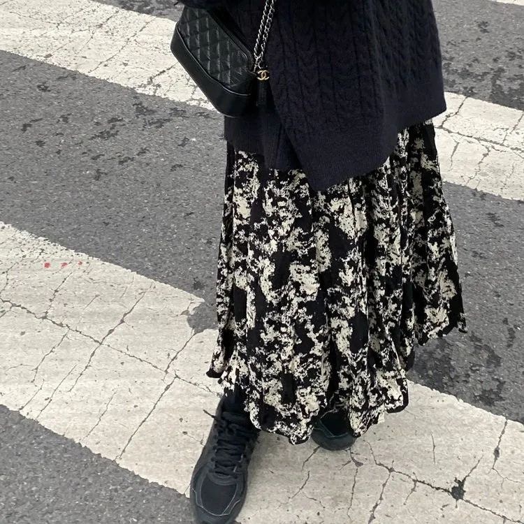 Chân Váy Hoa Đen Phong Cách retro Hàn Quốc