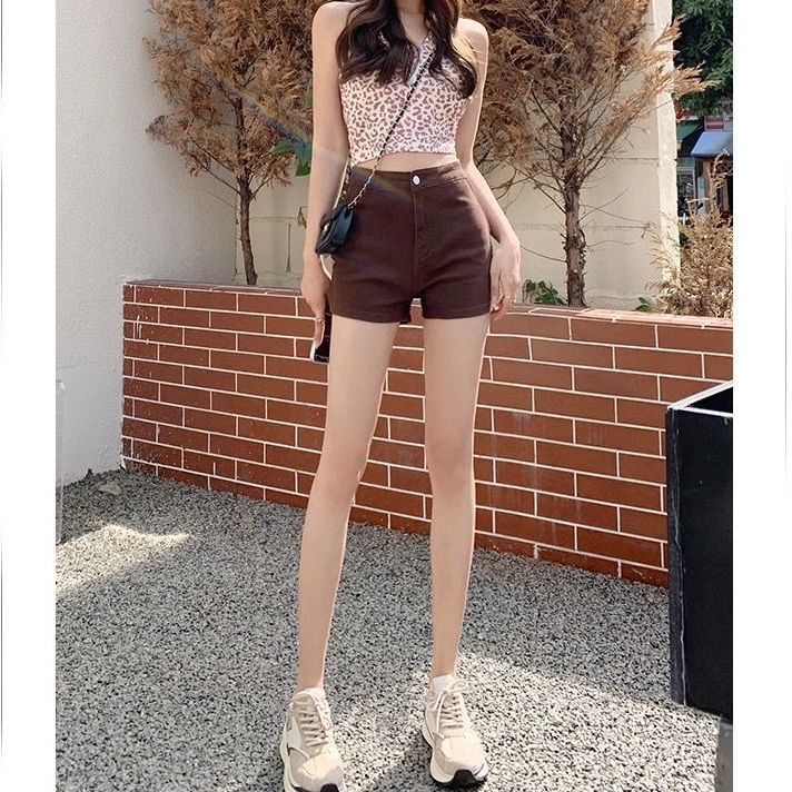 Quần denim ngắn siêu ôm dáng lưng cao màu nâu thời trang 2022 mùa hè cho nữ