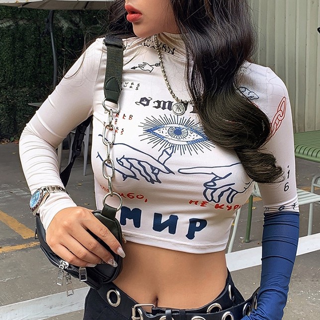 Áo Croptop Tay Dài Hoạ Tiết In Thiết Kế Ôm Sát Tôn Dáng Dành Cho Nữ