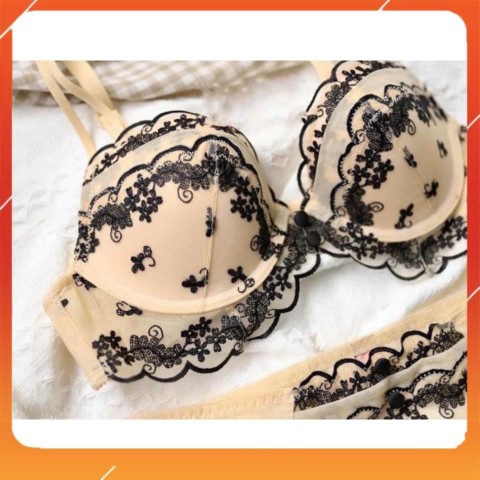 Set bộ đồ lót nữ Vick siêu cấp áo có gọng cup ngang, chất liệu ren họa tiết hoa thêu, có đệm mút. Mã B21410