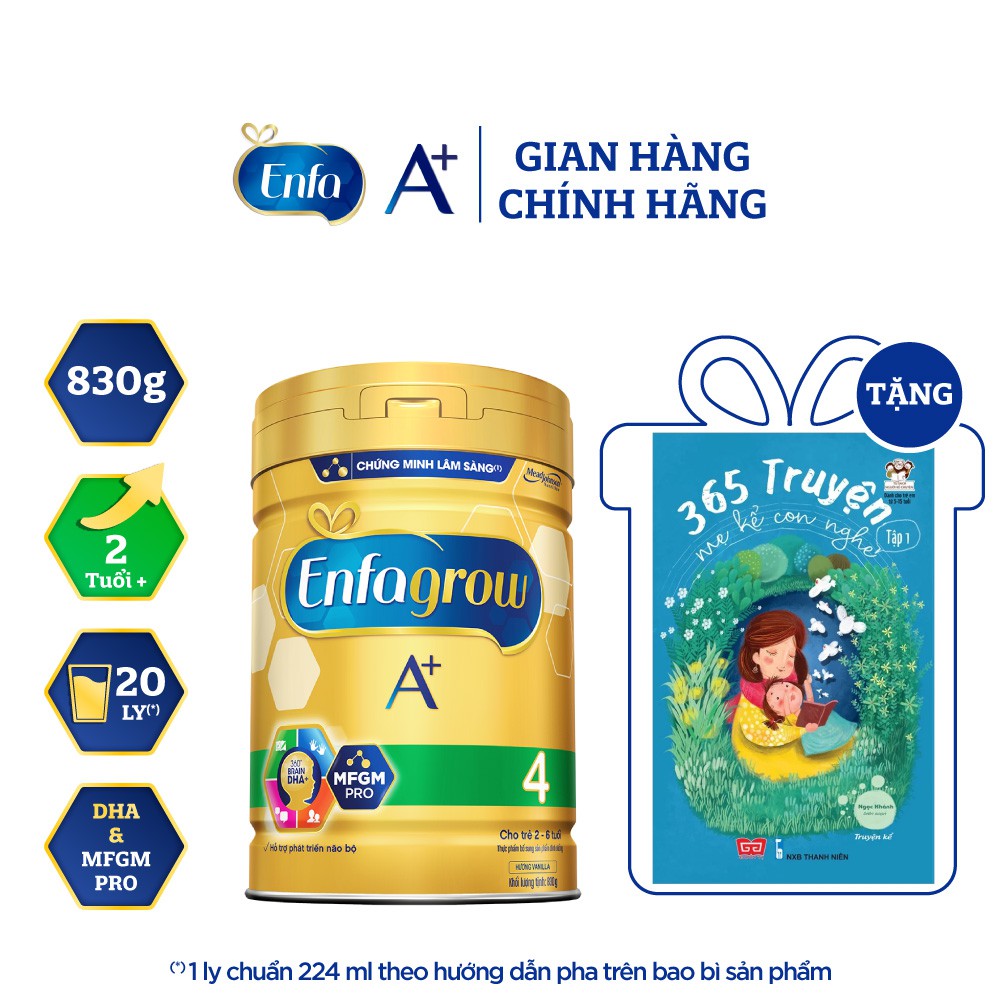 [Tặng 1 Sách 365 Truyện Mẹ Kể Bé Nghe] Sữa Bột Enfagrow A+ 4 Với DHA Và MFGM Cho Trẻ Từ 2-6 Tuổi – Lon 830g