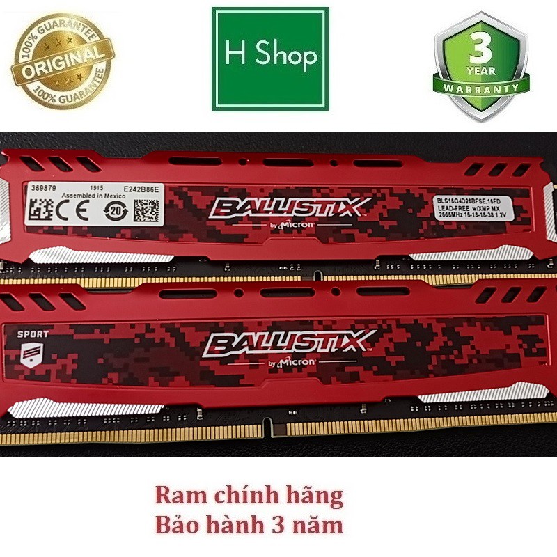 Ram tản nhiệt 16Gb DDR4 bus 2666, ram bộ hiệu CRUCIAL BALLISTIX SPORT, hàng chính hãng bảo hành 3 năm