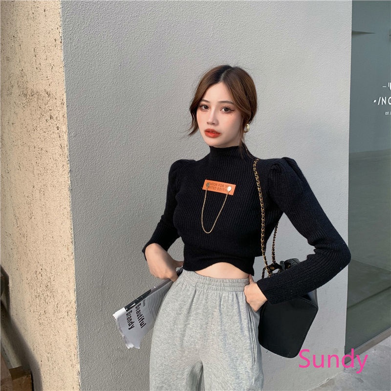 Áo sweater dệt kim tay dài cổ lọ dáng ôm thời trang mùa thu cho nữ