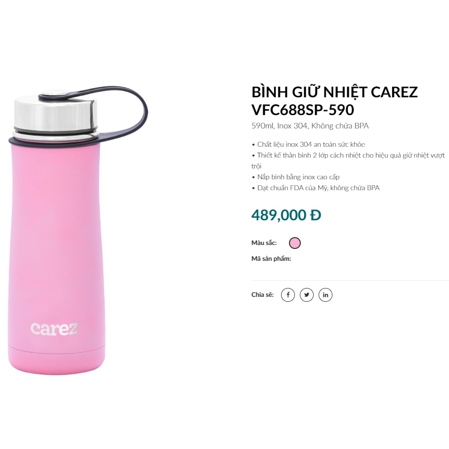 Bình giữ nhiệt thể thao CAREZ VFC688SP-590ML, Inox 304, Không chứa BPA màu hồng san hô trẻ trung