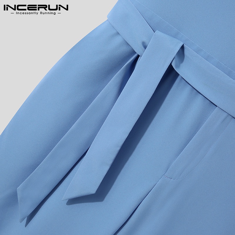 Bộ áo liền quần INCERUN cổ chữ v không tay cài nút thắt lưng thời trang mùa hè cho nam