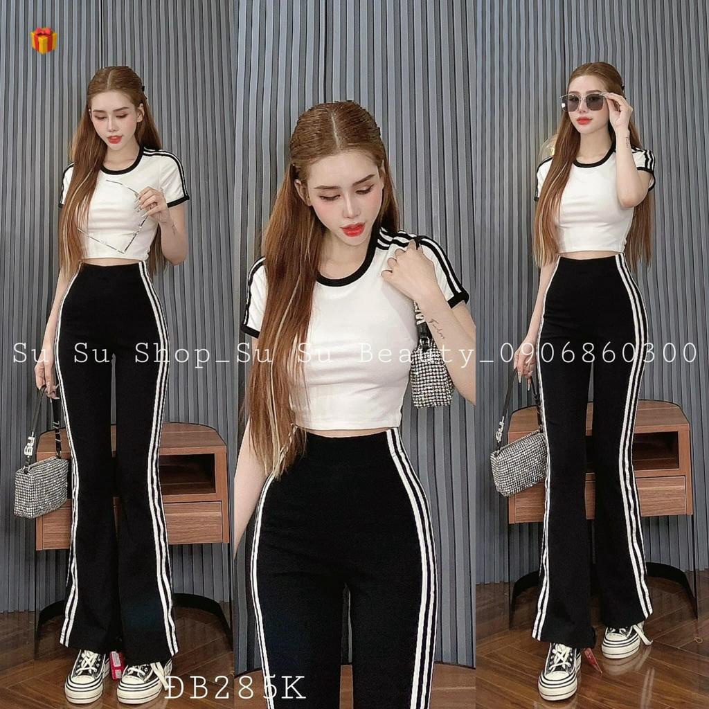 Set bộ mặc nhà đi chơi áo thun croptop tay ngắn viền màu mix quần thun loe dáng dài phối sọc đứng chất thun gân