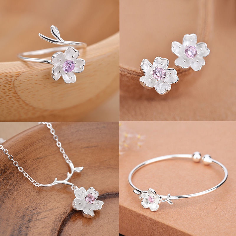 Bộ Dây Chuyền + Bông Tai Hình Hoa Anh Đào Màu Bạc Đính Đá Zircon Thời Trang Cho Nữ