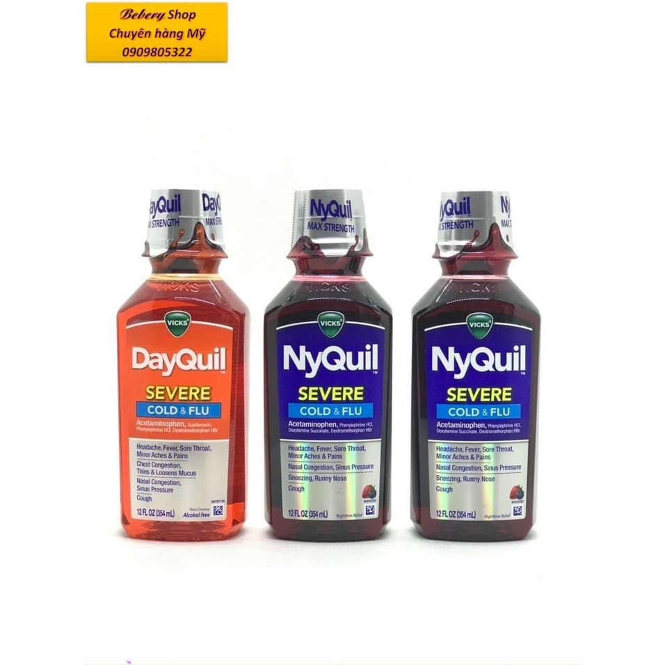 Hộp 3 chai siro ho cam sot DayQuil & NyQuil Vicks Cold & Flu Severe của Mỹ