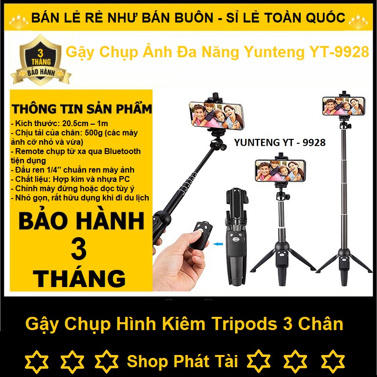 Gậy tự sướng Yunteng 9928 Selfie Chụp Hình Có Chân Tripod Đứng Vô Cùng Tiện Lợi. Có Remote Bluetooth Theo Kèm