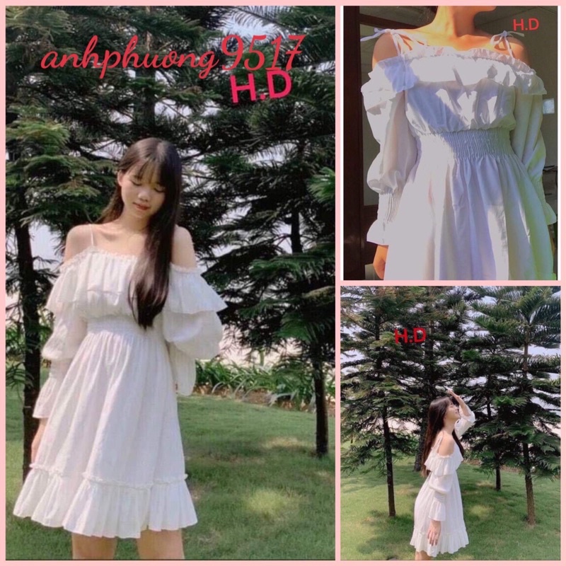 váy trắng dài trễ vai 2 dây tay bồng, đầm dáng xoè tiểu thư dự tiệc xinh xắn kèm ảnh thật Vintage