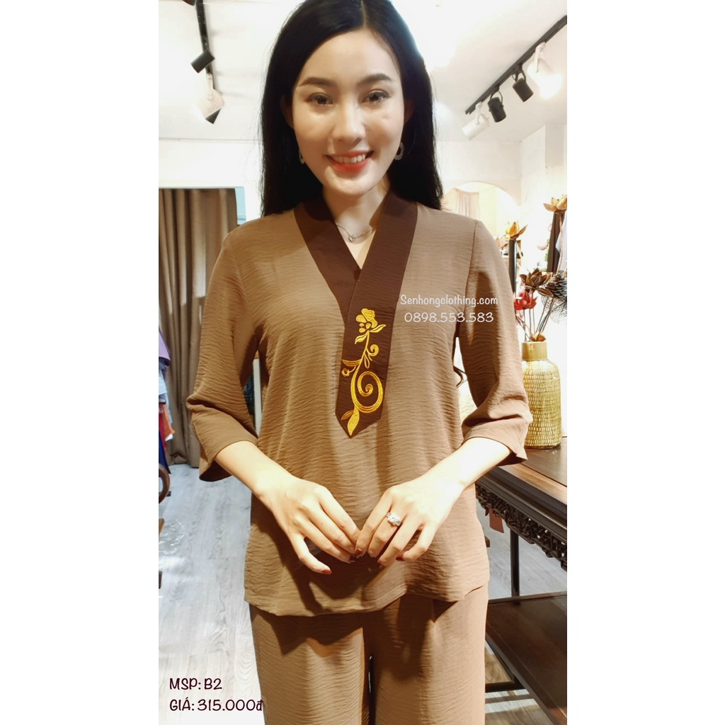 [PHÁP PHỤC SEN HỒNG] Bộ đi lam đi chùa # Pháp phục nữ chui đầu tiện lợi thêu hoa văn # đồ vải đũi chun co giãn tốt 588