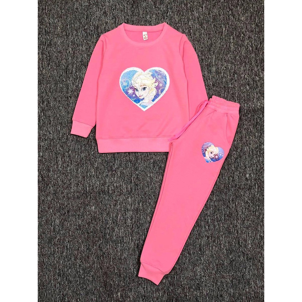 Bộ thun da cá cotton dày dặn và ấm áp đính kim sa đổi màu công chúa elsa