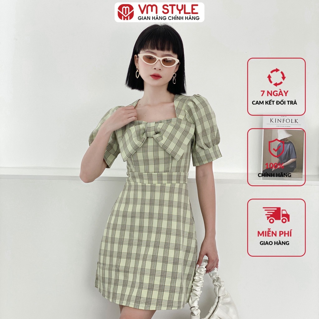 Đầm chữ A dáng ngắn xanh lá VMSTYLE kẻ caro tay bồng phối nơ ngực nữ tính - 22VD02KI2301