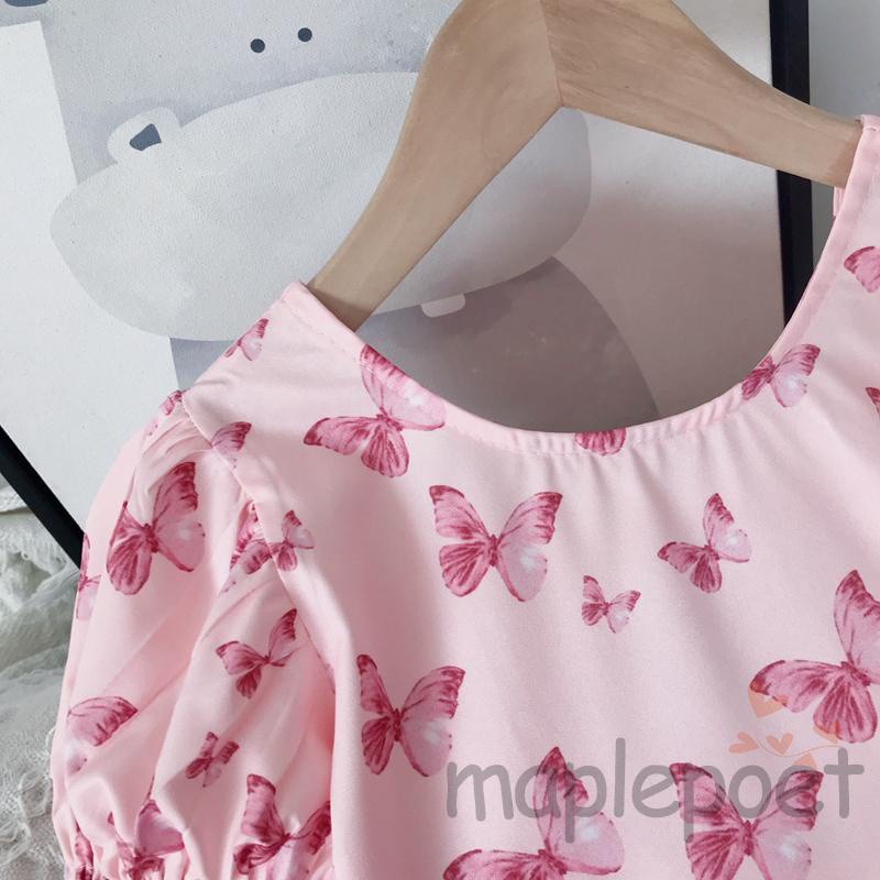 MAP-Toddler Summer Princess Dress, Baby Girls Butterfly Print Puff Sleeve Round Neck One-piece