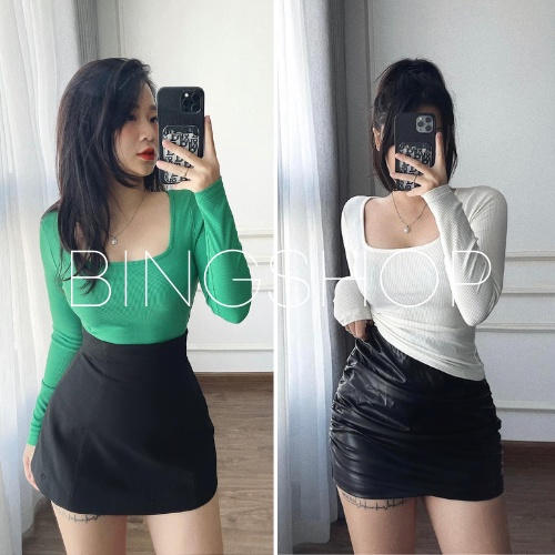 Áo croptop cổ vuông nữ cổ vuông dài tay vải tăm co giãn