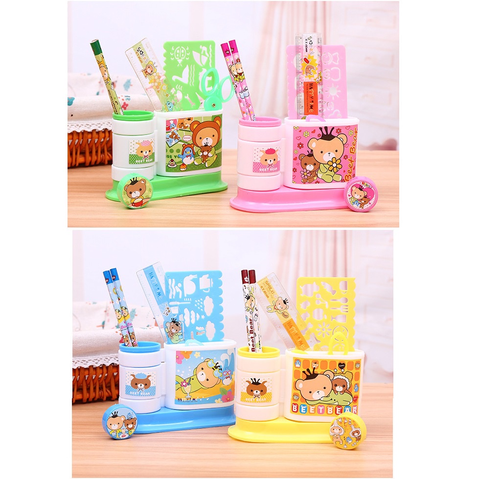 Hộp đựng bút để bàn8 chi tiết kèm thước kẻ, bút chì, dụng cụ học tập