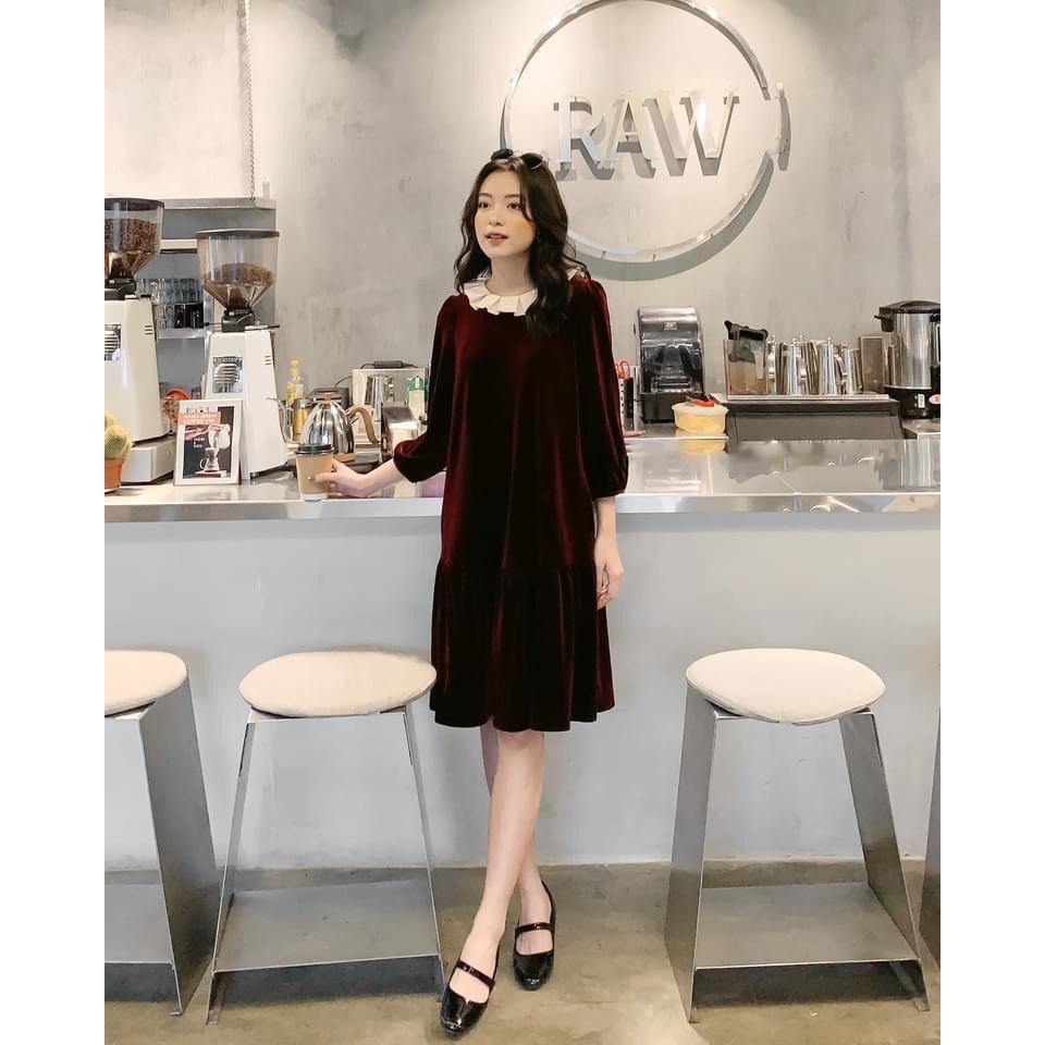 Váy suông phối cổ nữ dáng dài Eva Design chất liệu nhung cao cấp kiểu hàn quốc siêu đẹp , siêu xinh