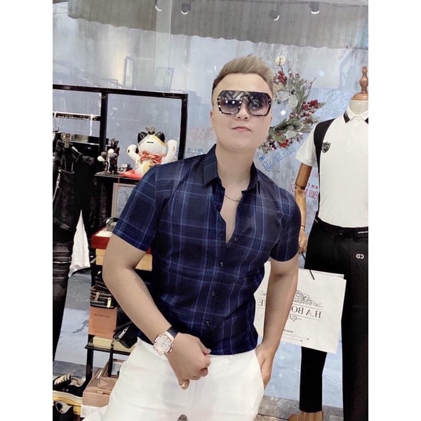Áo só mi nam ngắn tay kẻ sọc, Áo sơ mi hàn quốc btshop từ 45 đến 75 kg