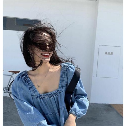 Đầm denim Cổ Vuông Tay Phồng Phong Cách Hàn Quốc Thời Trang Cho Nữ