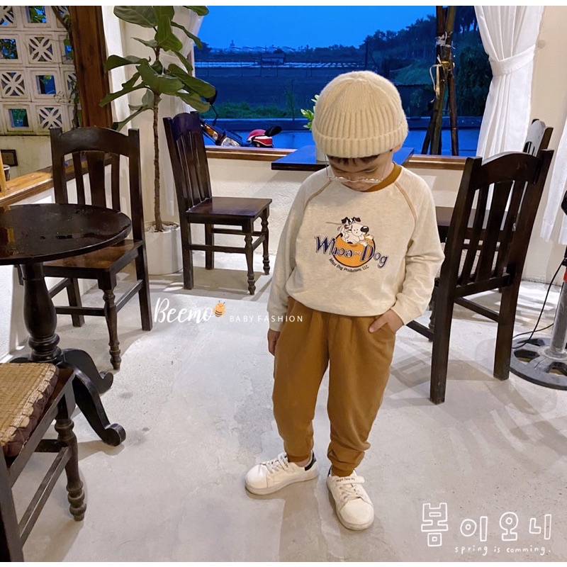 Bộ nỉ da cá dài tay in hình chú cho siêu cute cho bé trai mặc thu đông