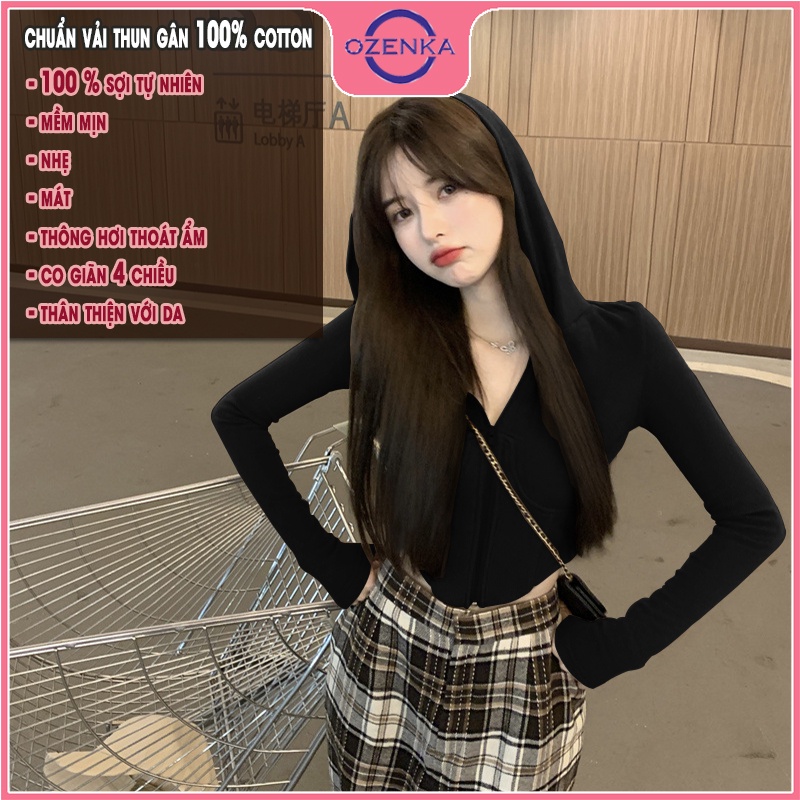 Áo cardigan croptop tay dài có mũ ôm nữ OZENKA , áo khoác ngoài kéo khoá đen trắng thun gân cao cấp 100% cotton đẹp